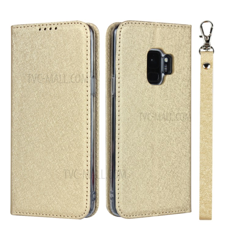 Silk Texture Leather Wallet Case for Samsung Galaxy S9 SM-G960 - Gold-1