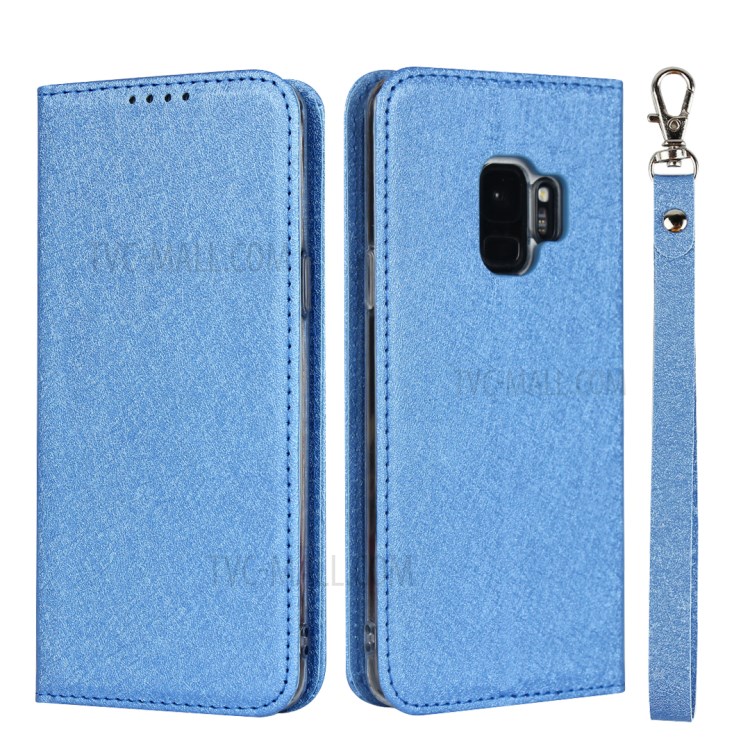 Silk Texture Leather Wallet Case for Samsung Galaxy S9 SM-G960 - Blue-1
