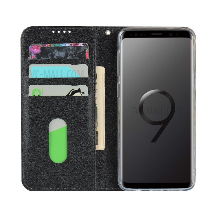 Silk Skin Leather Wallet Stand Protective Phone Case for Samsung Galaxy S9 Plus - Black-3