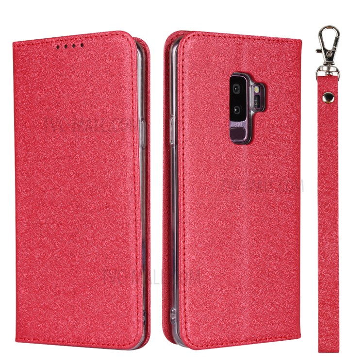 Silk Skin Leather Wallet Stand Protective Phone Case for Samsung Galaxy S9 Plus - Red-1