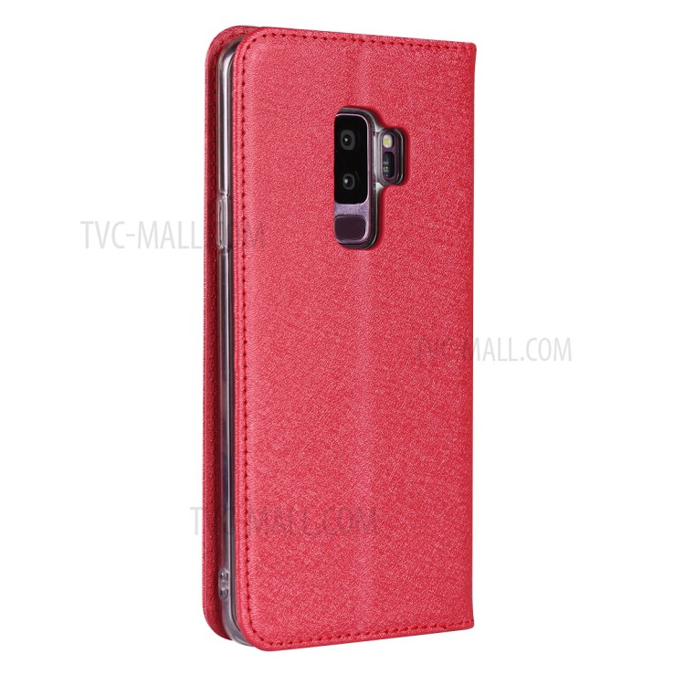 Silk Skin Leather Wallet Stand Protective Phone Case for Samsung Galaxy S9 Plus - Red-5