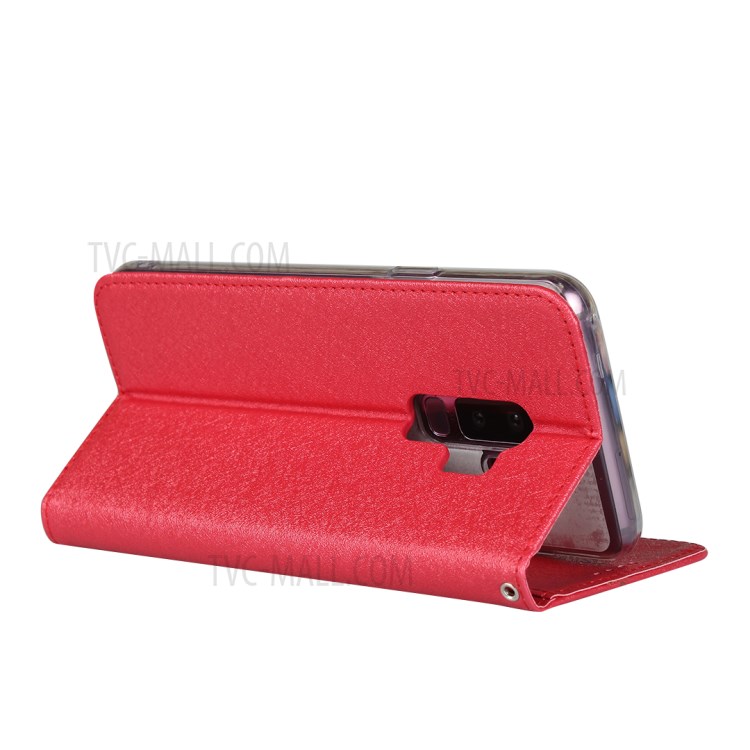 Silk Skin Leather Wallet Stand Protective Phone Case for Samsung Galaxy S9 Plus - Red-6