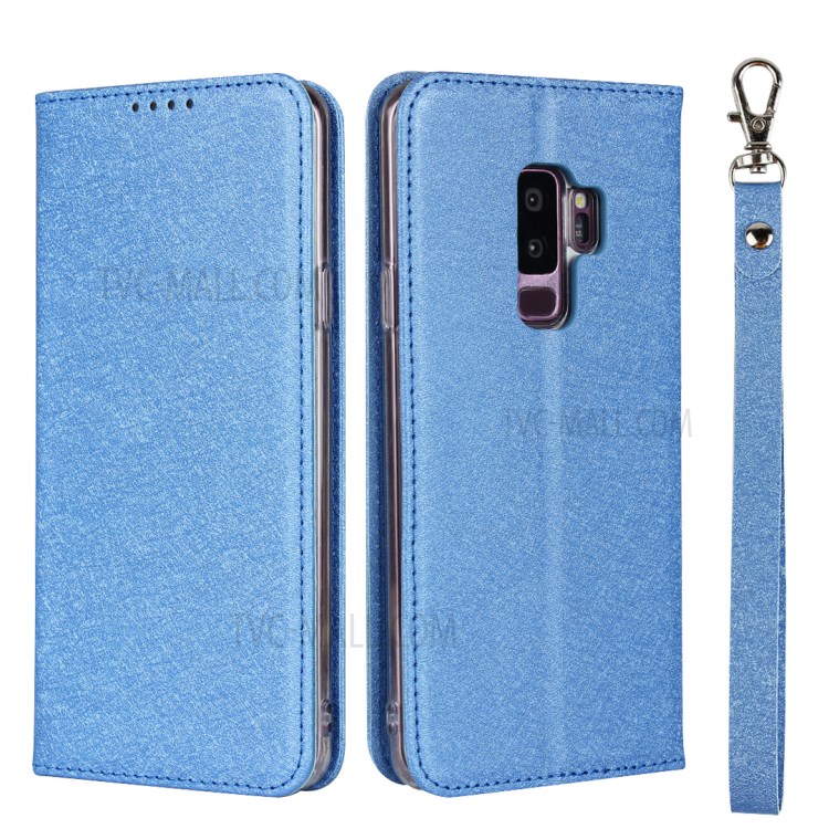Silk Skin Leather Wallet Stand Protective Phone Case for Samsung Galaxy S9 Plus - Blue-1