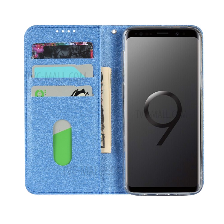 Silk Skin Leather Wallet Stand Protective Phone Case for Samsung Galaxy S9 Plus - Blue-3