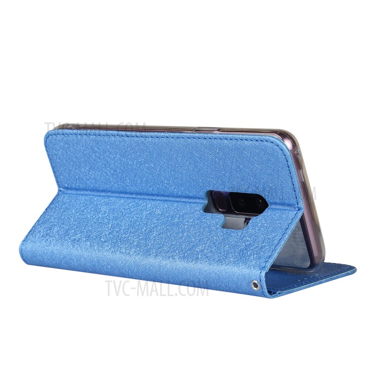 Silk Skin Leather Wallet Stand Protective Phone Case for Samsung Galaxy S9 Plus - Blue-6