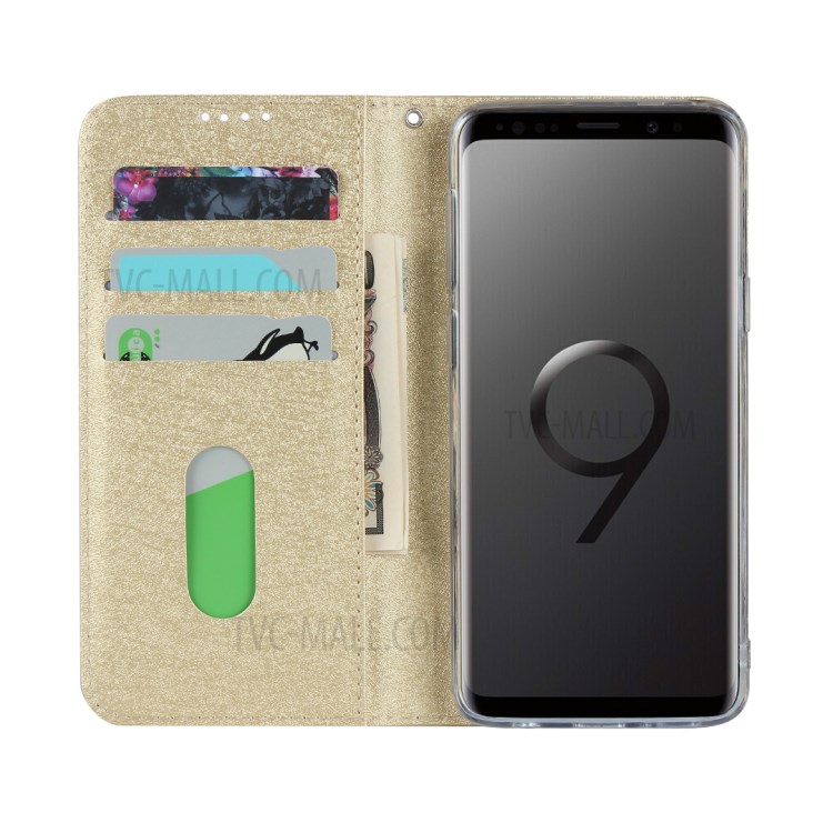 Silk Skin Leather Wallet Stand Protective Phone Case for Samsung Galaxy S9 Plus - Gold-3