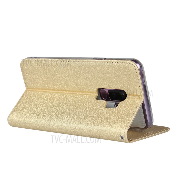 Silk Skin Leather Wallet Stand Protective Phone Case for Samsung Galaxy S9 Plus - Gold-6