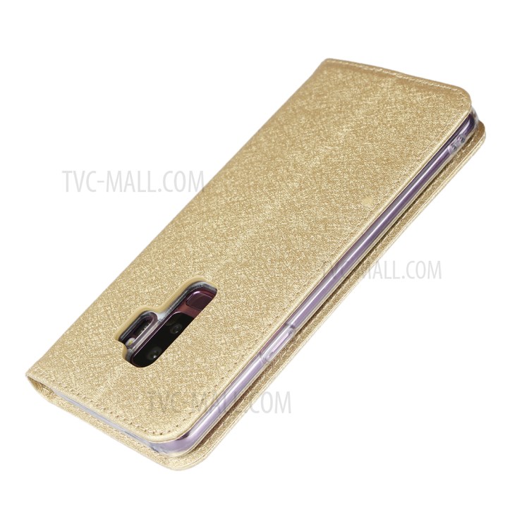 Silk Skin Leather Wallet Stand Protective Phone Case for Samsung Galaxy S9 Plus - Gold-7