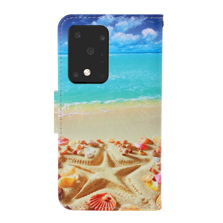 Pattern Printing Wallet Leather Protector Phone Shell Stand Case for Samsung Galaxy S20 Ultra - Beach-2