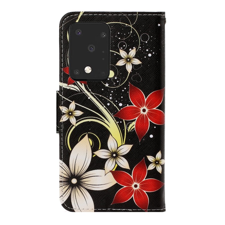 Pattern Printing Wallet Leather Protector Phone Shell Stand Case for Samsung Galaxy S20 Ultra - Red Flower-2
