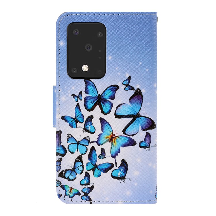 Pattern Printing Wallet Leather Protector Phone Shell Stand Case for Samsung Galaxy S20 Ultra - Blue Butterfly-2
