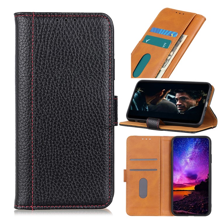 Litchi Skin Leather Stand Case with Card Slots for Samsung Galaxy A71 - Black-1