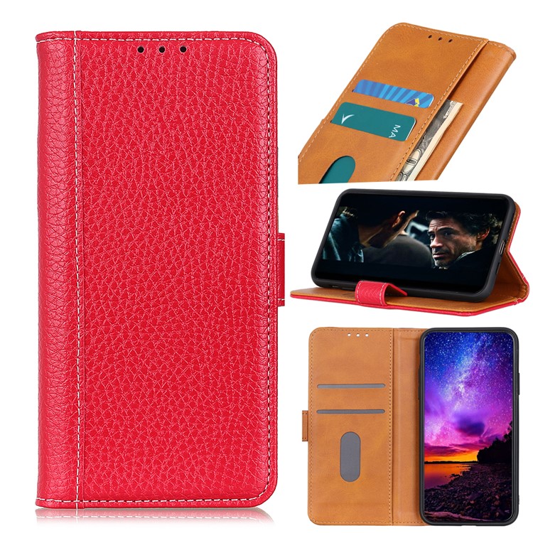 Litchi Skin Leather Stand Case with Card Slots for Samsung Galaxy A71 - Red-1