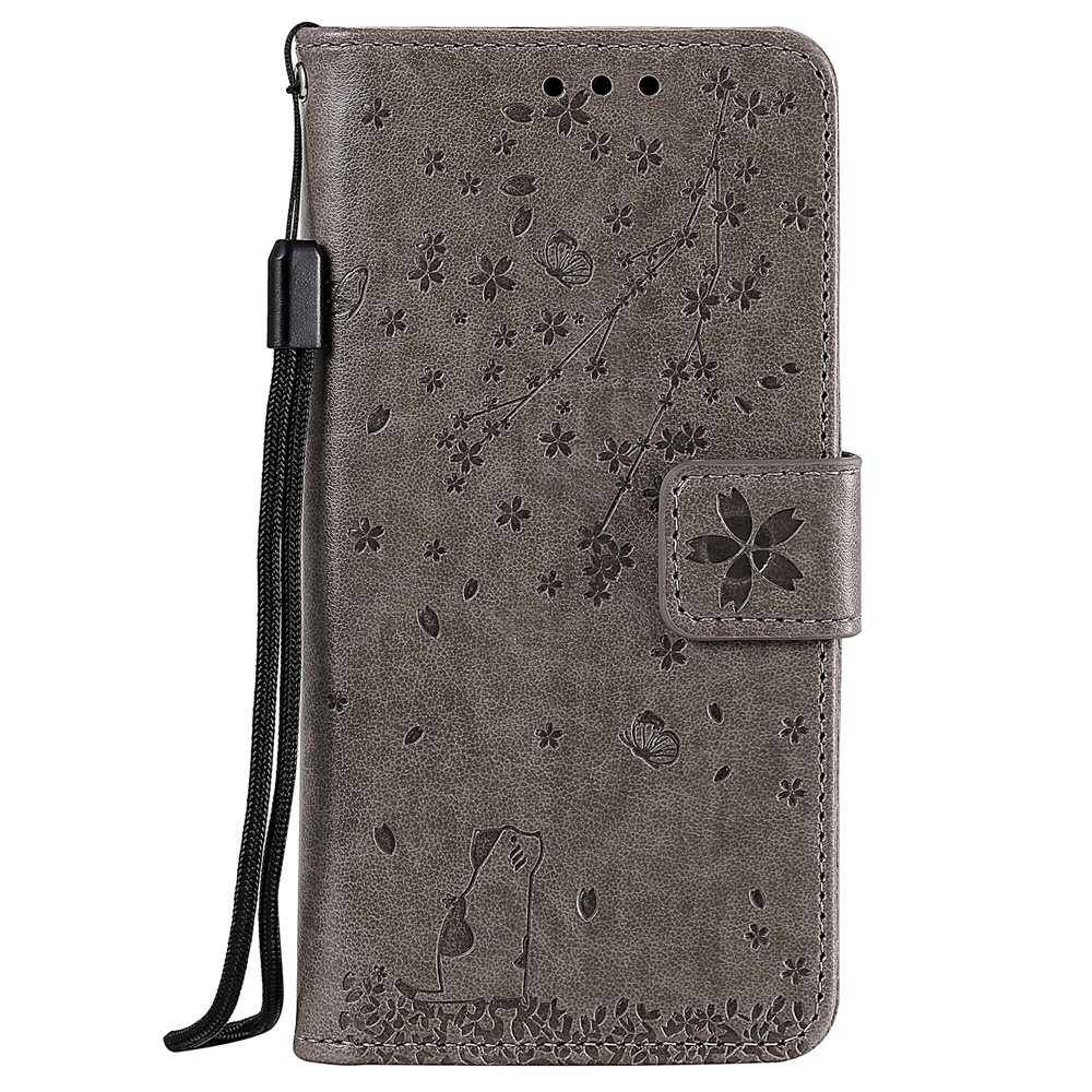 Imprint Sakura Cat Leather Covering with Card Slots for Samsung Galaxy A71 - Grey-2
