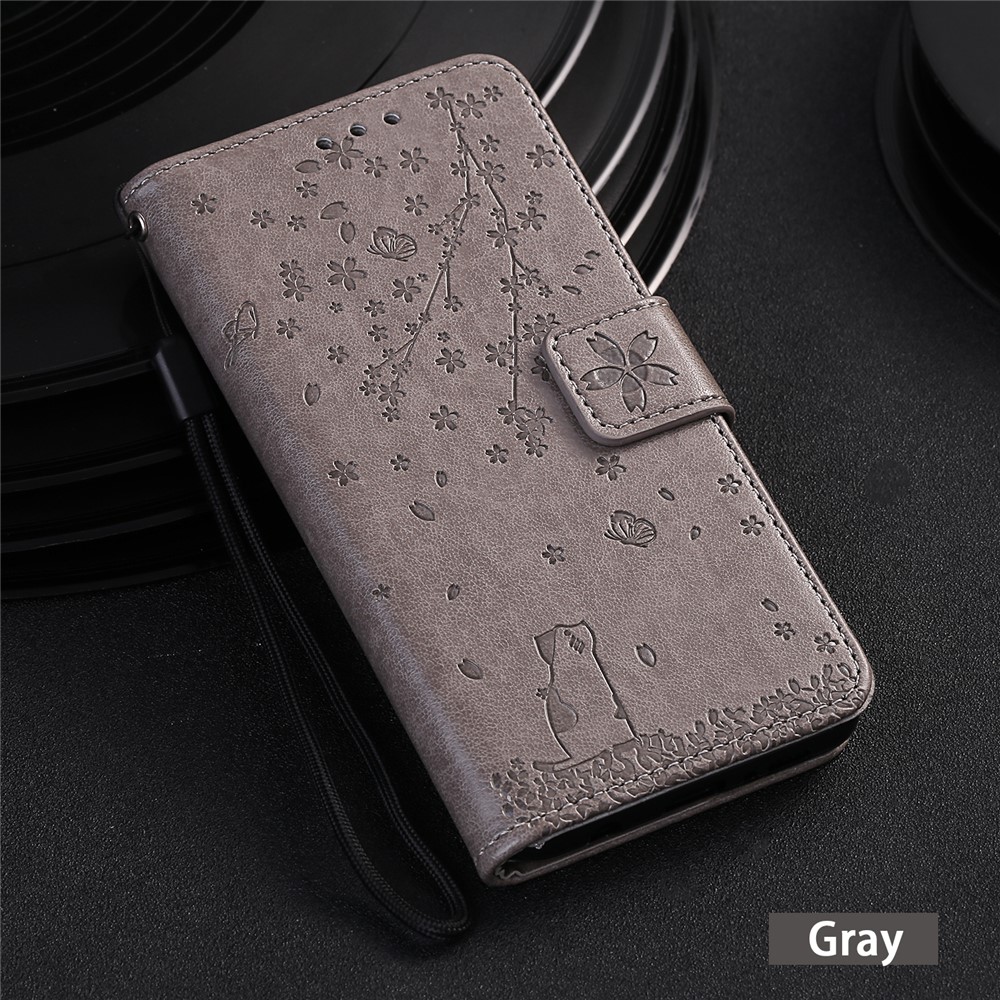 Imprimer Sakura Cat en Cuir Couvrage Avec Des Emplacements de Cartes Pour Samsung Galaxy A71 - Gris-7