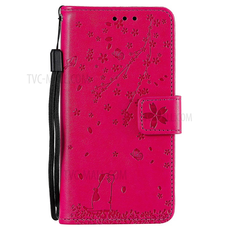 Imprint Sakura Cat Leather Covering with Card Slots for Samsung Galaxy A71 - Rose-1