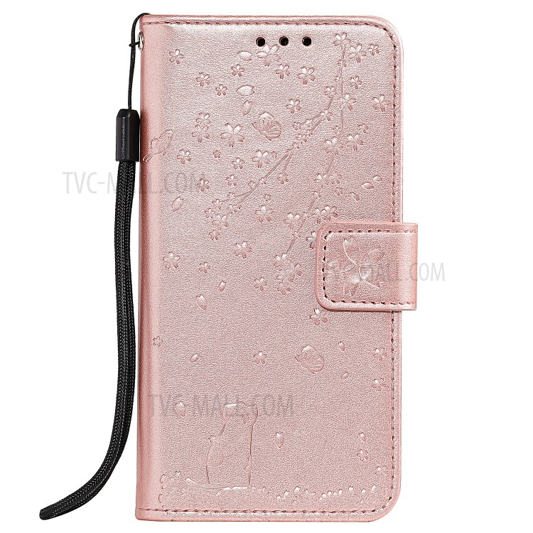 Imprint Sakura Cat Leather Covering with Card Slots for Samsung Galaxy A71 - Rose Gold-1