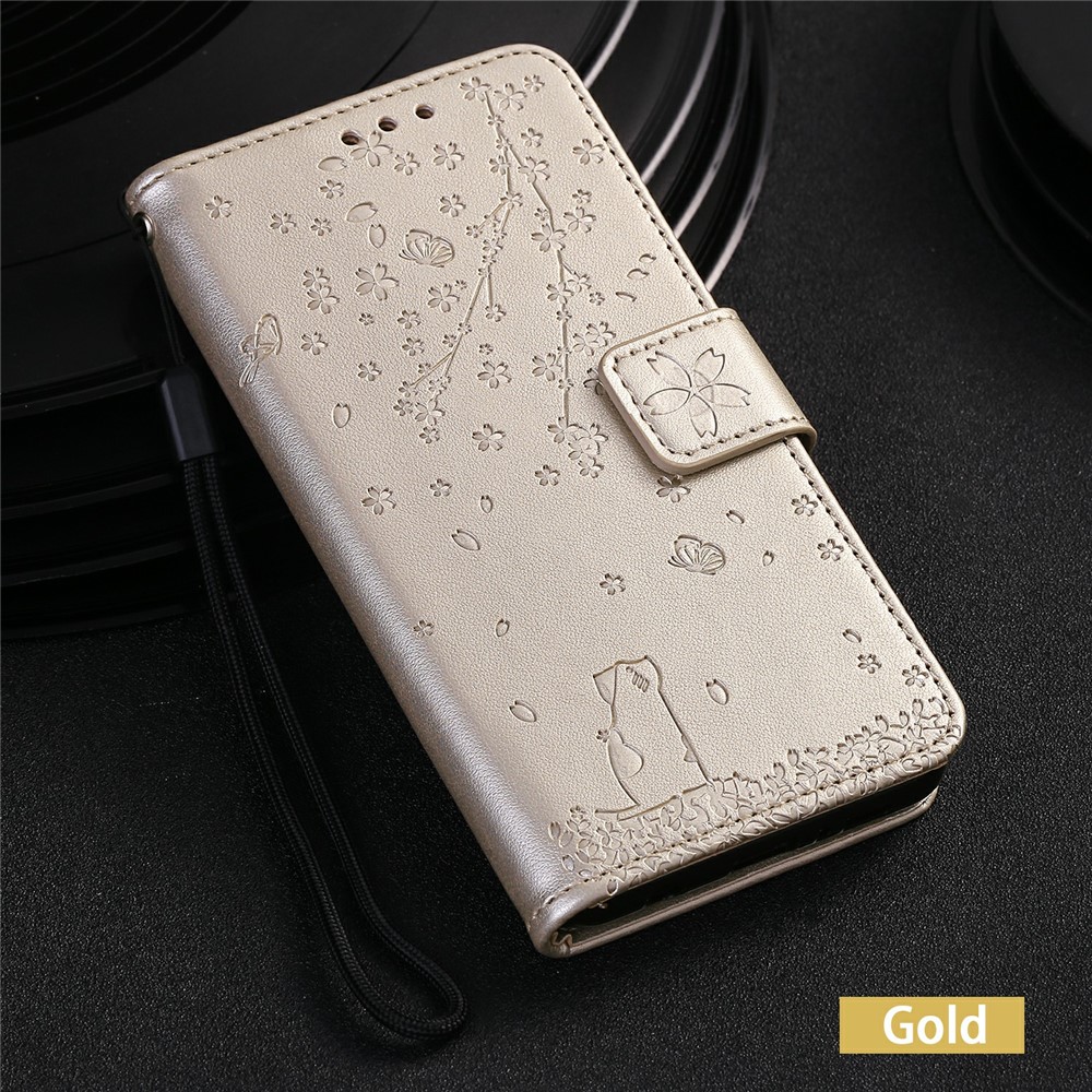 Imprint Sakura Cat Leather Covering with Card Slots for Samsung Galaxy A71 - Gold-6