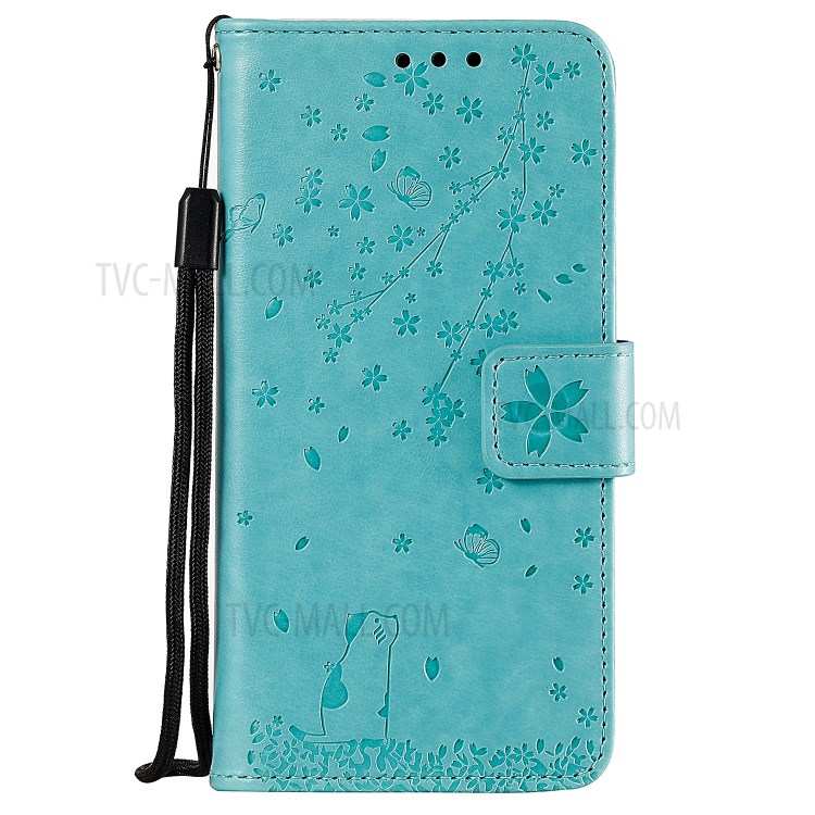 Imprint Sakura Cat Leather Covering with Card Slots for Samsung Galaxy A71 - Green-1