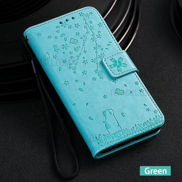 Imprint Sakura Cat Leather Covering with Card Slots for Samsung Galaxy A71 - Green-6