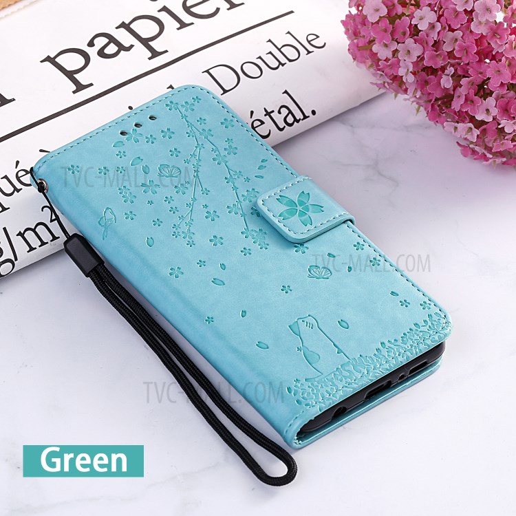 Imprint Sakura Cat Leather Covering with Card Slots for Samsung Galaxy A71 - Green-7
