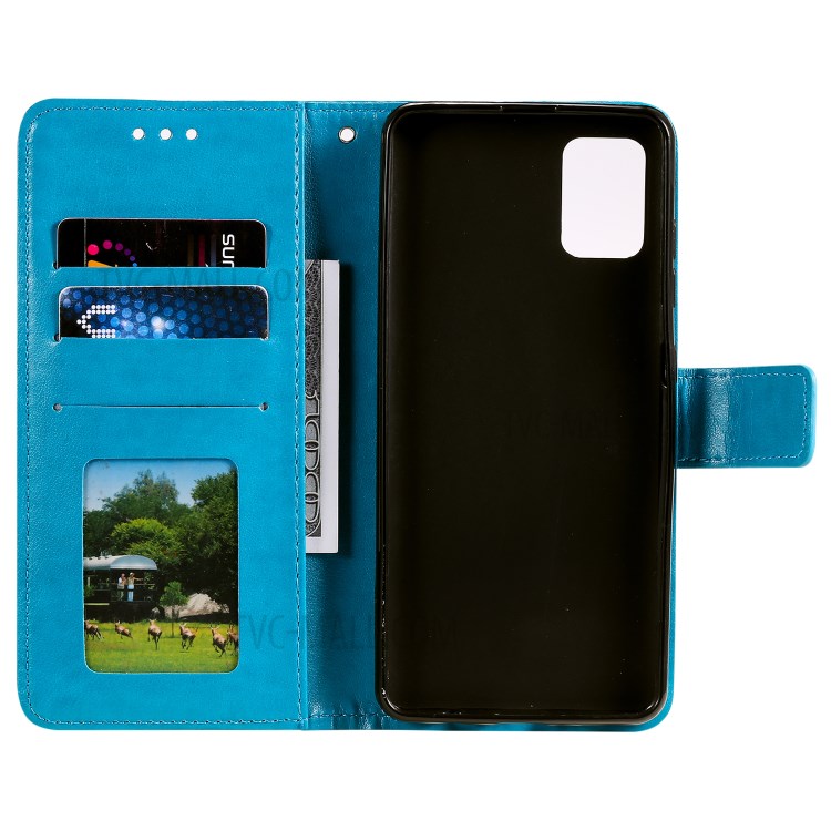 Imprint Sakura Cat Leather Covering with Card Slots for Samsung Galaxy A71 - Blue-4
