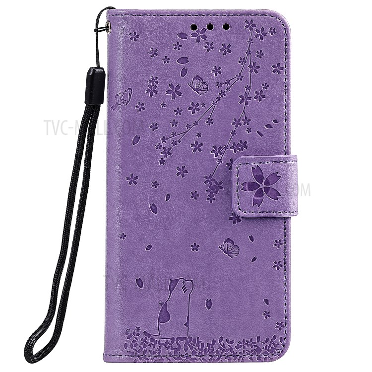 Imprint Sakura Cat Leather Covering with Card Slots for Samsung Galaxy A71 - Purple-1