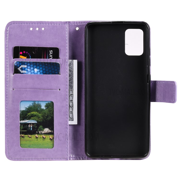 Imprint Sakura Cat Leather Covering with Card Slots for Samsung Galaxy A71 - Purple-4