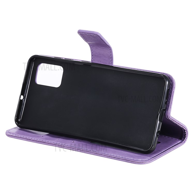 Imprint Sakura Cat Leather Covering with Card Slots for Samsung Galaxy A71 - Purple-5
