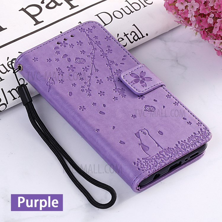Imprint Sakura Cat Leather Covering with Card Slots for Samsung Galaxy A71 - Purple-6