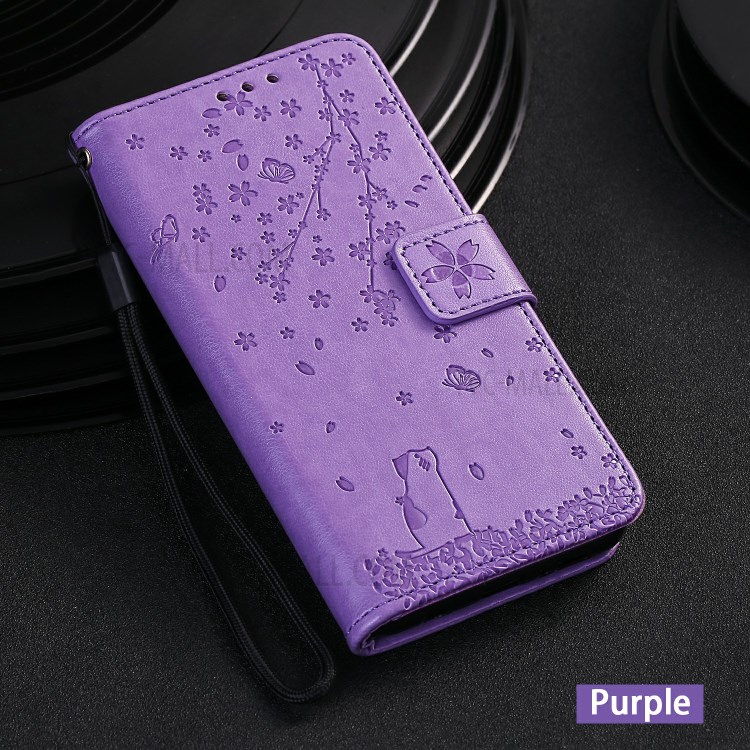 Imprint Sakura Cat Leather Covering with Card Slots for Samsung Galaxy A71 - Purple-7