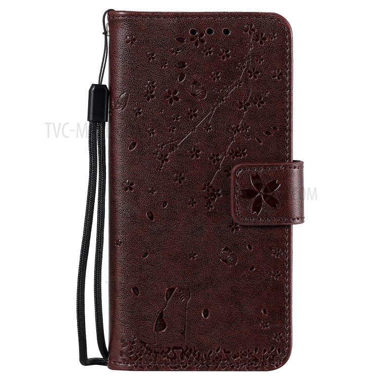 Imprint Sakura Cat Leather Covering with Card Slots for Samsung Galaxy A71 - Coffee-1