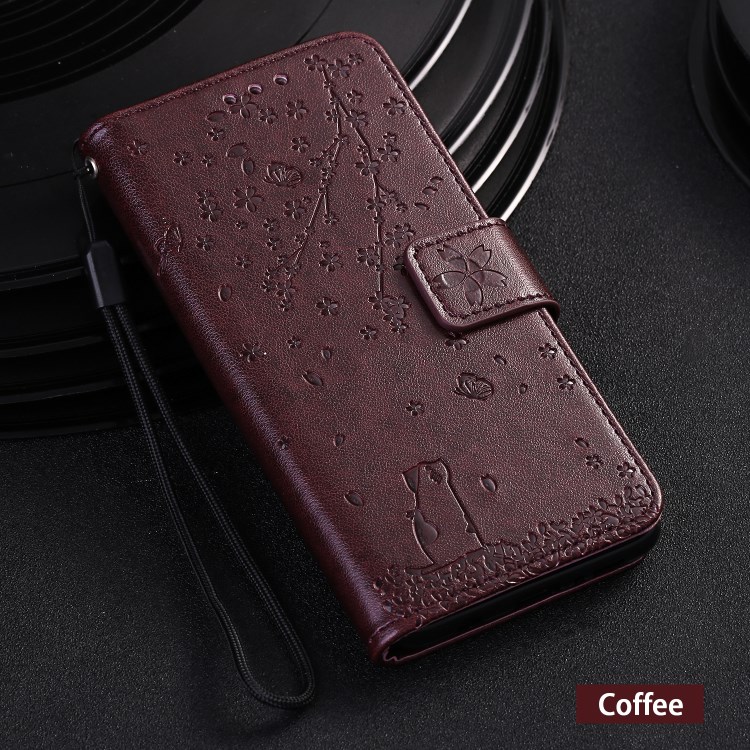 Imprint Sakura Cat Leather Covering with Card Slots for Samsung Galaxy A71 - Coffee-6