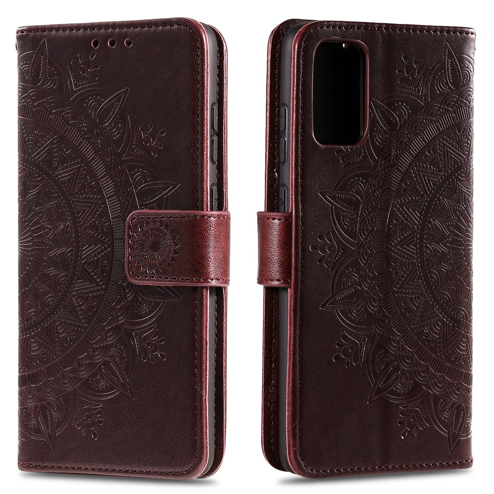 Imprint Flower Leather Wallet Case for Samsung Galaxy S20 - Brown-1