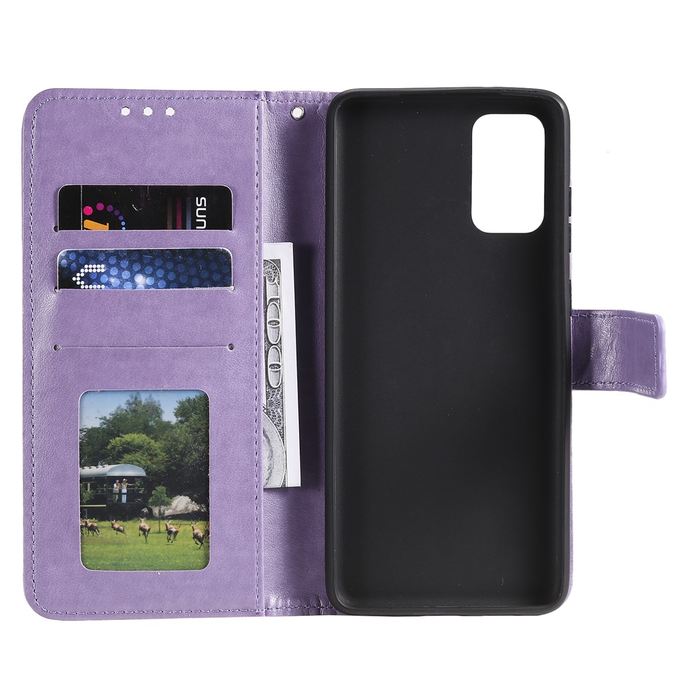 Caixa de Carteira de Couro de Flor da Impressão Para Samsung Galaxy S20 4G/S20 5G - Roxo