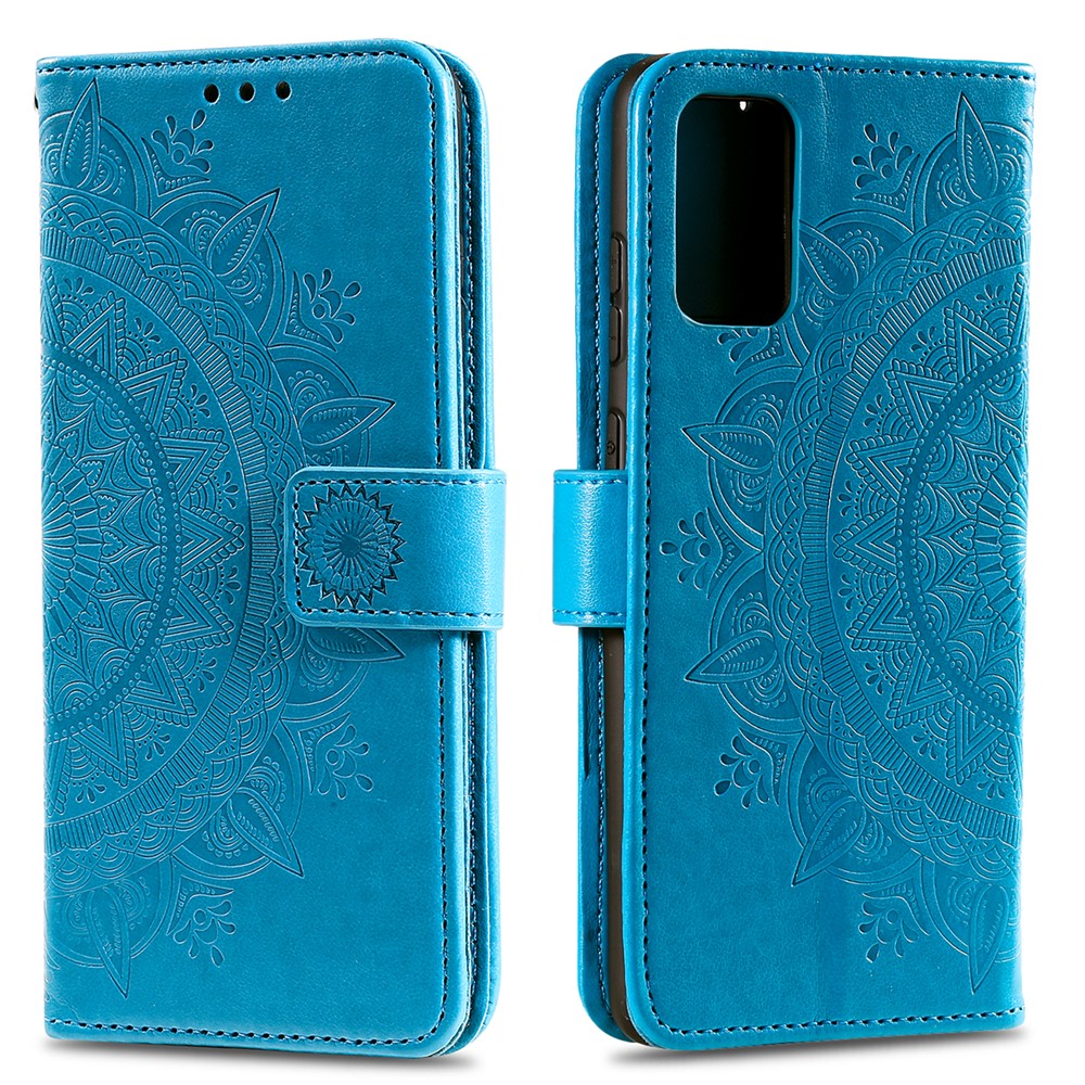 Imprint Flower Leather Wallet Case for Samsung Galaxy S20 - Blue-1