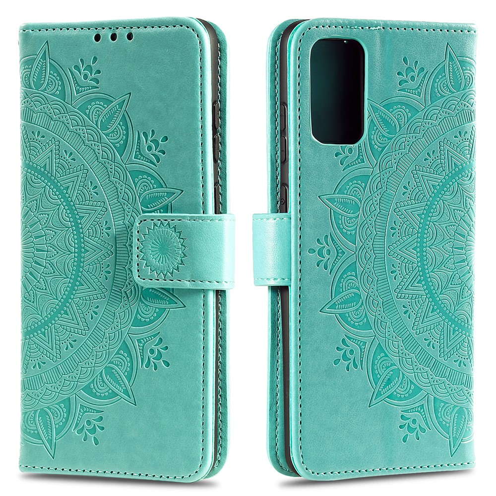 Imprint Flower Leather Wallet Case for Samsung Galaxy S20 - Cyan-1