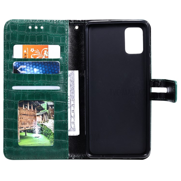 Crocodile Skin Auto-absorbed PU Leather Wallet Phone Case with Strap for Samsung Galaxy A71 - Green-5