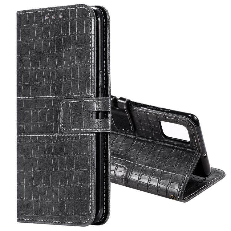 Crocodile Skin Auto-absorbed PU Leather Wallet Phone Case with Strap for Samsung Galaxy A71 - Grey-1