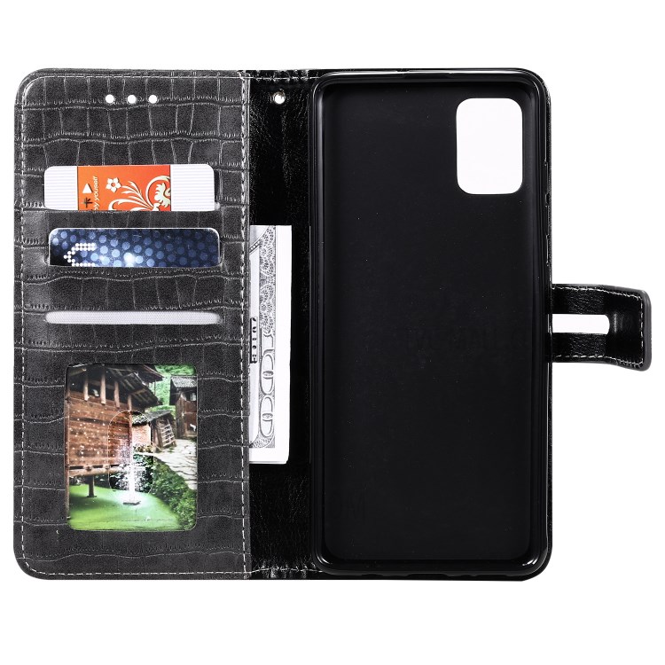 Crocodile Skin Auto-absorbed PU Leather Wallet Phone Case with Strap for Samsung Galaxy A71 - Grey-5