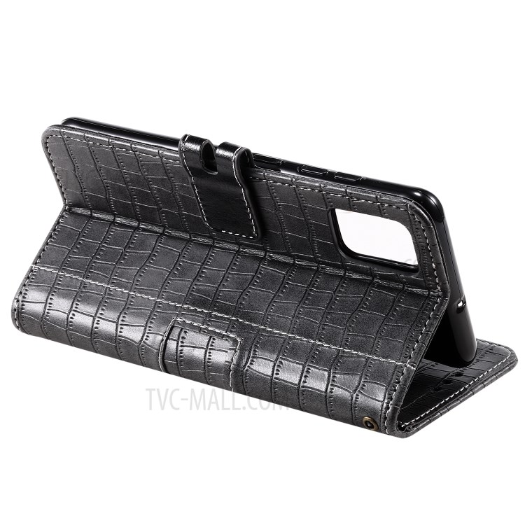 Crocodile Skin Auto-absorbed PU Leather Wallet Phone Case with Strap for Samsung Galaxy A71 - Grey-6