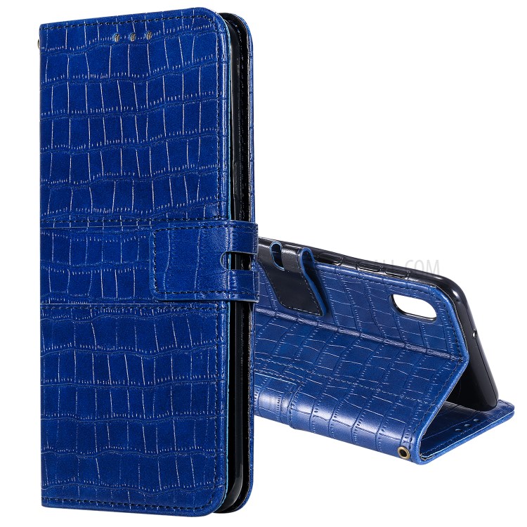 Crocodile Skin PU Leather Phone Cover Wallet with Strap for Samsung Galaxy A10/M10 - Blue-1