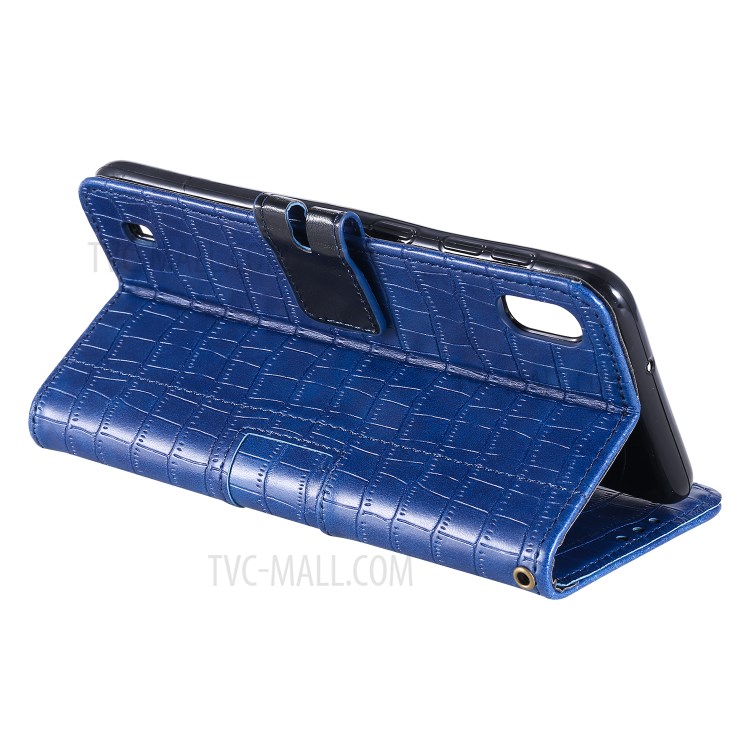 Crocodile Skin PU Leather Phone Cover Wallet with Strap for Samsung Galaxy A10/M10 - Blue-6