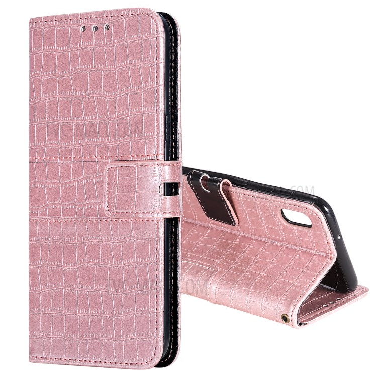 Crocodile Skin PU Leather Phone Cover Wallet with Strap for Samsung Galaxy A10/M10 - Rose Gold-1