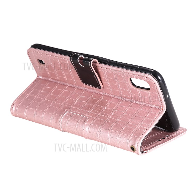Crocodile Skin PU Leather Phone Cover Wallet with Strap for Samsung Galaxy A10/M10 - Rose Gold-2