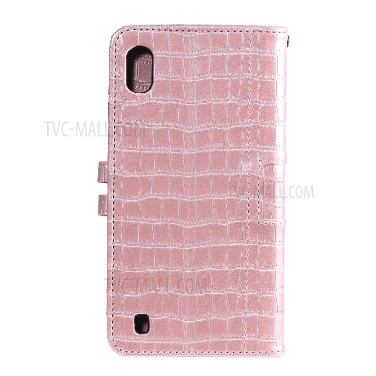 Crocodile Skin PU Leather Phone Cover Wallet with Strap for Samsung Galaxy A10/M10 - Rose Gold-5