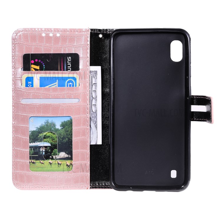 Crocodile Skin PU Leather Phone Cover Wallet with Strap for Samsung Galaxy A10/M10 - Rose Gold-6