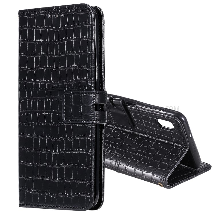Crocodile Skin PU Leather Phone Cover Wallet with Strap for Samsung Galaxy A10/M10 - Black-1