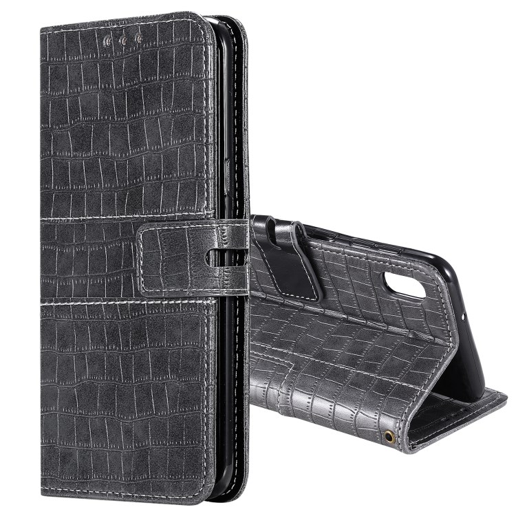 Crocodile Skin PU Leather Phone Cover Wallet with Strap for Samsung Galaxy A10/M10 - Grey-1