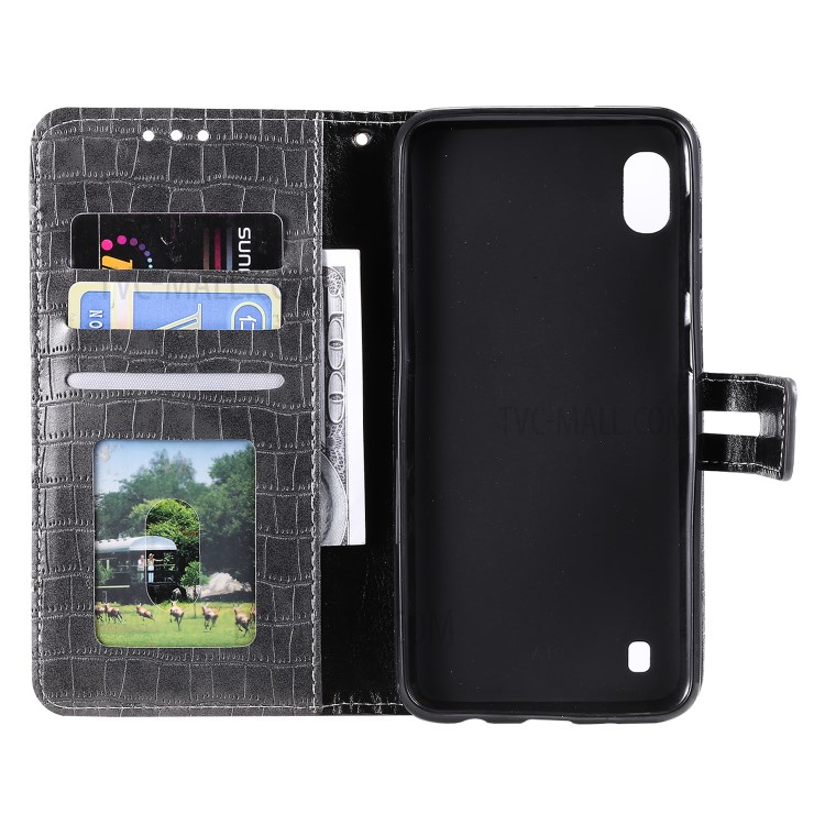 Crocodile Skin PU Leather Phone Cover Wallet with Strap for Samsung Galaxy A10/M10 - Grey-5